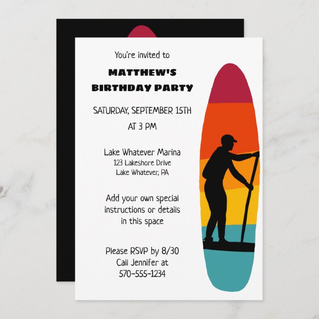 Stand Up Paddle Board SUP Custom Party Invitation (Front/Back)