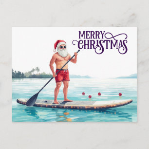 Stand-Up Paddle Santa — Coastal Christmas Holiday Postcard