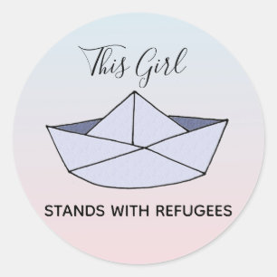 Stand With Refugees Ombre Doodle Paper Boat & Name Classic Round Sticker
