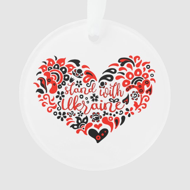 Stand with Ukraine lettering and heart Ornament (Front)