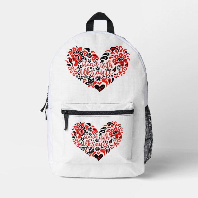 Stand with Ukraine lettering and heart Printed Backpack (Front)