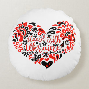 Stand with Ukraine lettering and heart Round Cushion