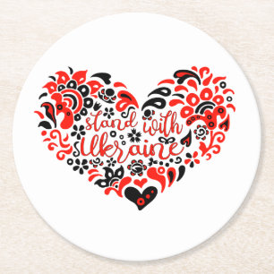 Stand with Ukraine lettering and heart Round Paper Coaster