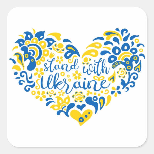 Stand with Ukraine lettering and heart Square Sticker (Front)