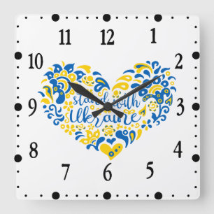 Stand with Ukraine lettering and heart Square Wall Clock