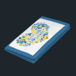 Stand with Ukraine lettering and heart Trifold Wallet<br><div class="desc">Stand with Ukraine lettering and heart in Ukrainian flag colours and transparent ethnical pattern Folk art illustration heart and lettering in Ukrainian flag colours and ethnical pattern heart, shape, Purity, Allegory, peace sign, peace symbol, peace, no war, stop war, antiwar, Ukraine, Ukrainian, ethnical pattern, Ukrainian flag, blue and yellow, proud,...</div>