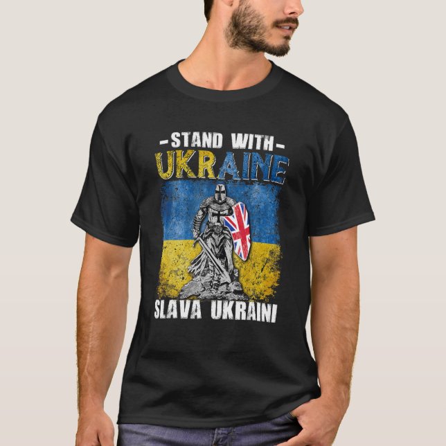 Stand With Ukraine UK Knight Ukrainian Flag Slava T-Shirt (Front)