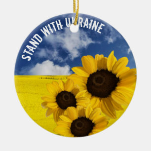 Stand with Ukraine yellow and blue with sunflowers Ceramic Tree Decoration