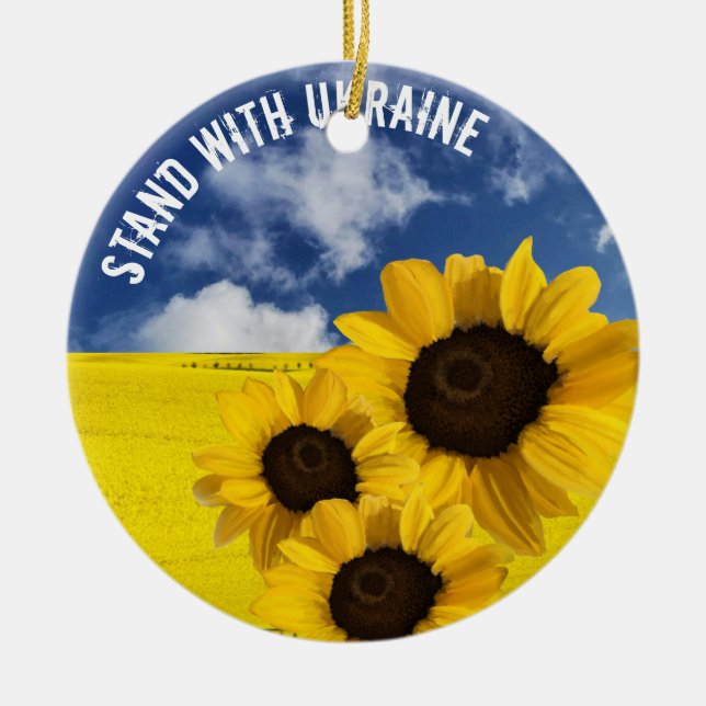 Stand with Ukraine yellow and blue with sunflowers Ceramic Tree Decoration (Front)