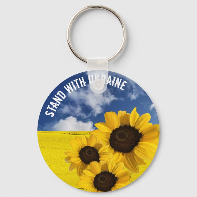 Stand with Ukraine yellow and blue with sunflowers Key Ring (Front)