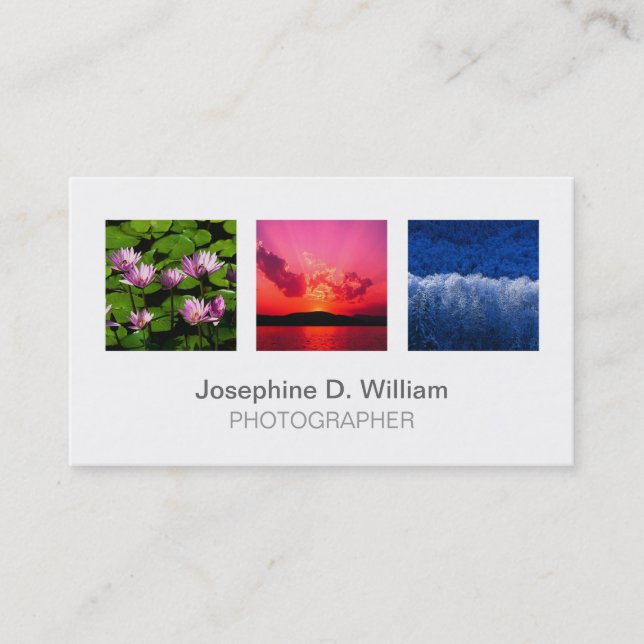 Standard 3 photo or logo white grey modern chic business card (Front)
