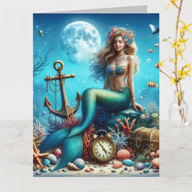 Standard, 5" x 7" Folded Greeting Card Mermaid (Yellow Flower)