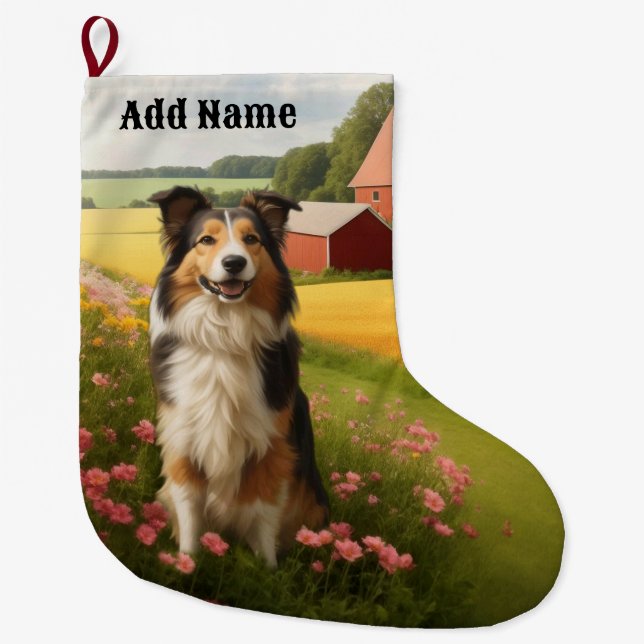 Standard Collie on Farm Large Christmas Stocking (Front)