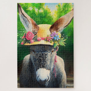 Standard Donkey/Burro in Rose/daisy flower hat Jigsaw Puzzle