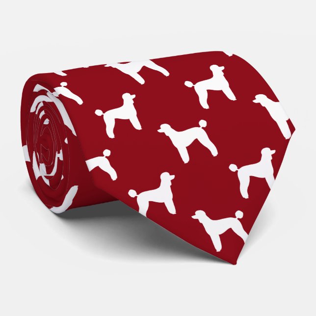 Standard Poodle Silhouettes Pattern White and Red Tie (Rolled)