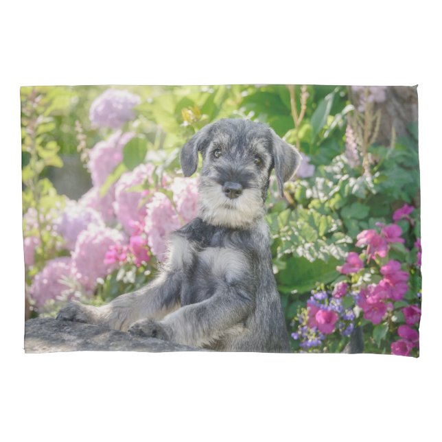 Standard Schnauzer Puppy in a Flowering Garden - Pillowcase (Front)