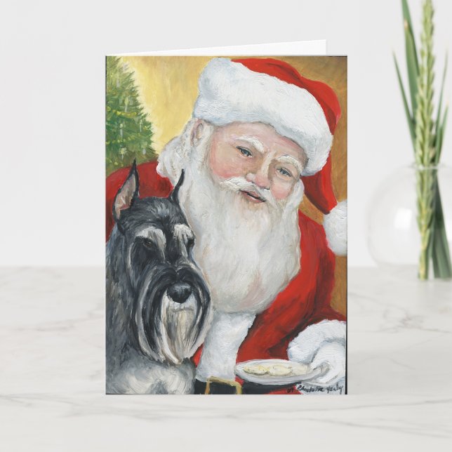 "Standard Schnauzer & Santa" Dog Art Greeting Card (Front)