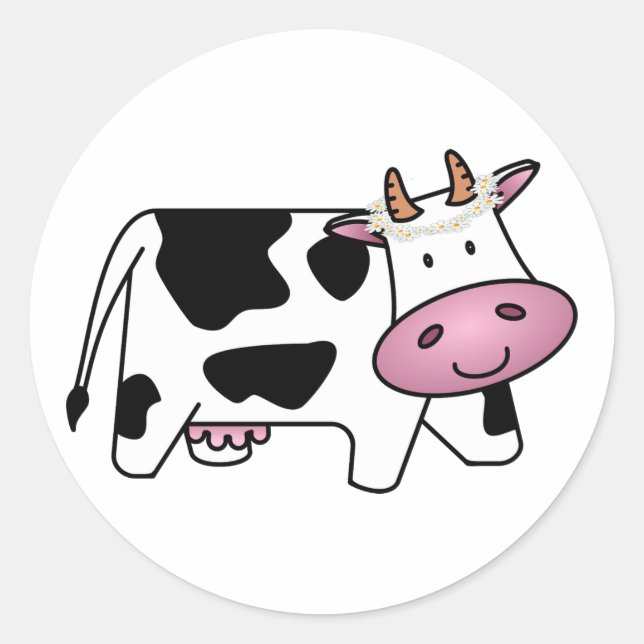 Standing Cow with Daisies Classic Round Sticker (Front)