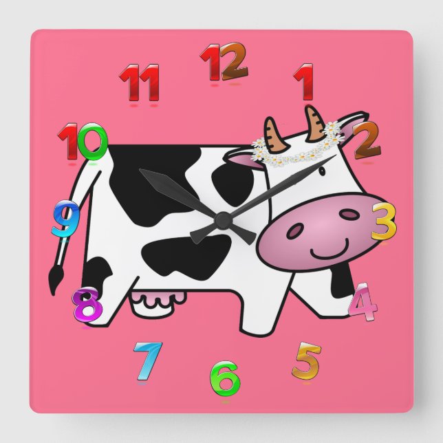 Standing Cow with Daisies Square Wall Clock (Front)