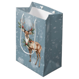 Standing Deer With Christmas Holly and Berries Medium Gift Bag