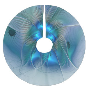 Standing Ovations, Abstract Blue Turquoise Fractal Brushed Polyester Tree Skirt