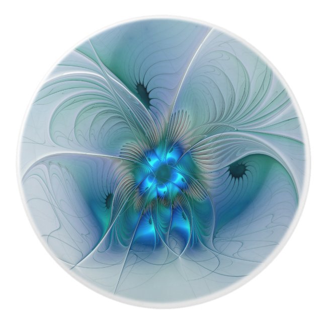 Standing Ovations, Abstract Blue Turquoise Fractal Ceramic Knob (Front)