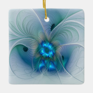 Standing Ovations, Abstract Blue Turquoise Fractal Ceramic Ornament