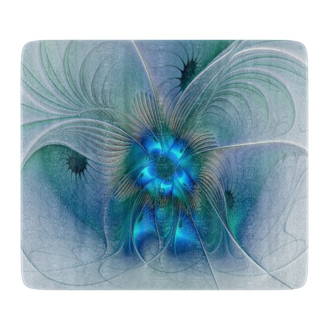 Standing Ovations, Abstract Blue Turquoise Fractal Cutting Board (Front)