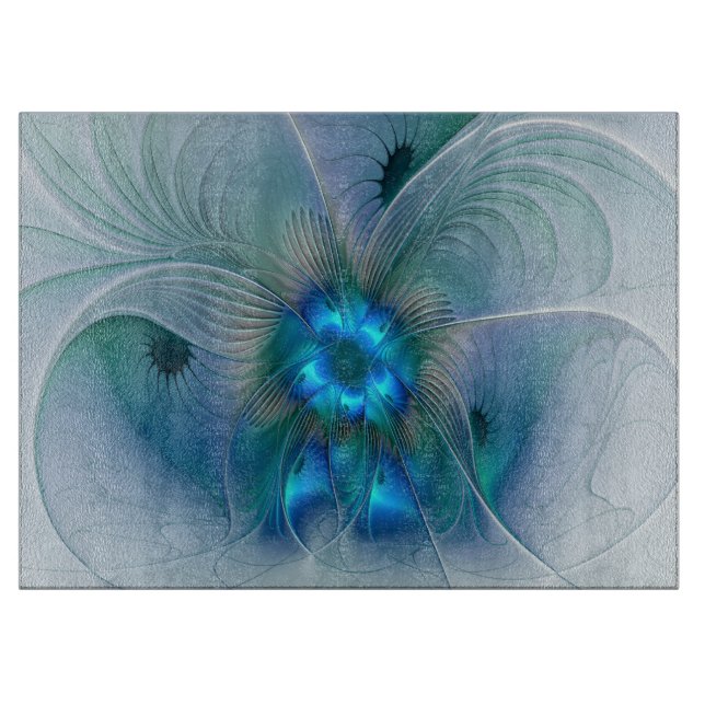 Standing Ovations, Abstract Blue Turquoise Fractal Cutting Board (Front)