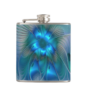 Standing Ovations, Abstract Blue Turquoise Fractal Hip Flask