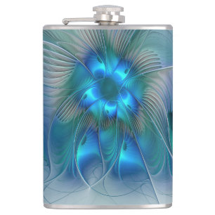 Standing Ovations, Abstract Blue Turquoise Fractal Hip Flask