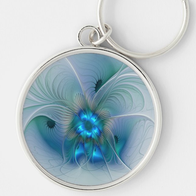 Standing Ovations, Abstract Blue Turquoise Fractal Key Ring (Front)