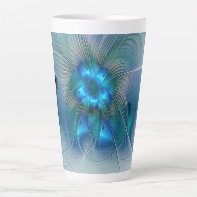 Standing Ovations, Abstract Blue Turquoise Fractal Latte Mug (Front)