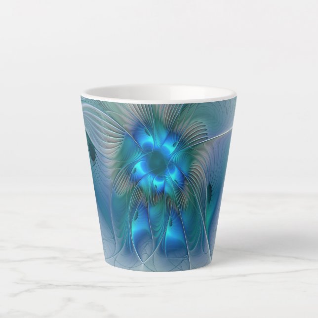 Standing Ovations, Abstract Blue Turquoise Fractal Latte Mug (Front)