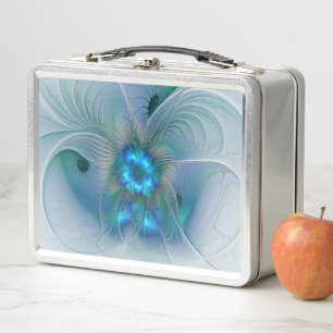 Standing Ovations, Abstract Blue Turquoise Fractal Metal Lunch Box