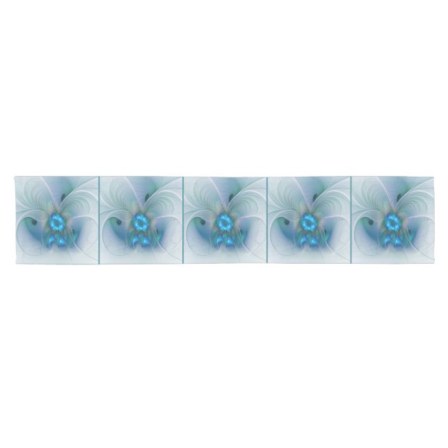 Standing Ovations, Abstract Blue Turquoise Fractal Short Table Runner (Horizontal)