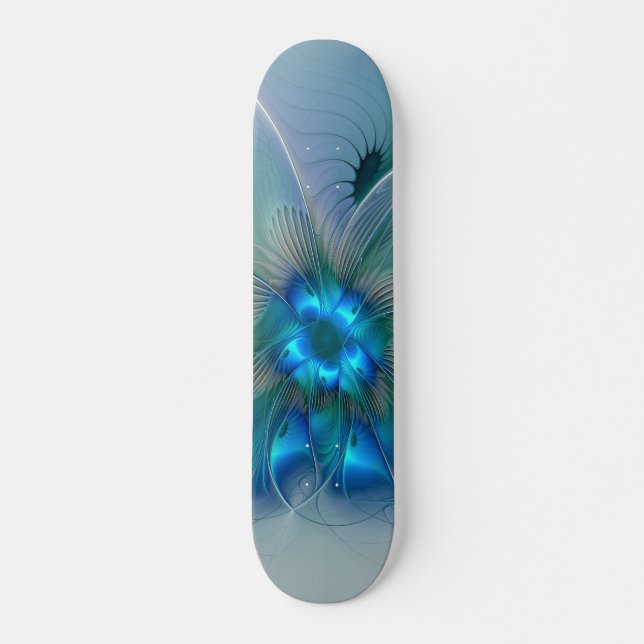 Standing Ovations, Abstract Blue Turquoise Fractal Skateboard (Front)