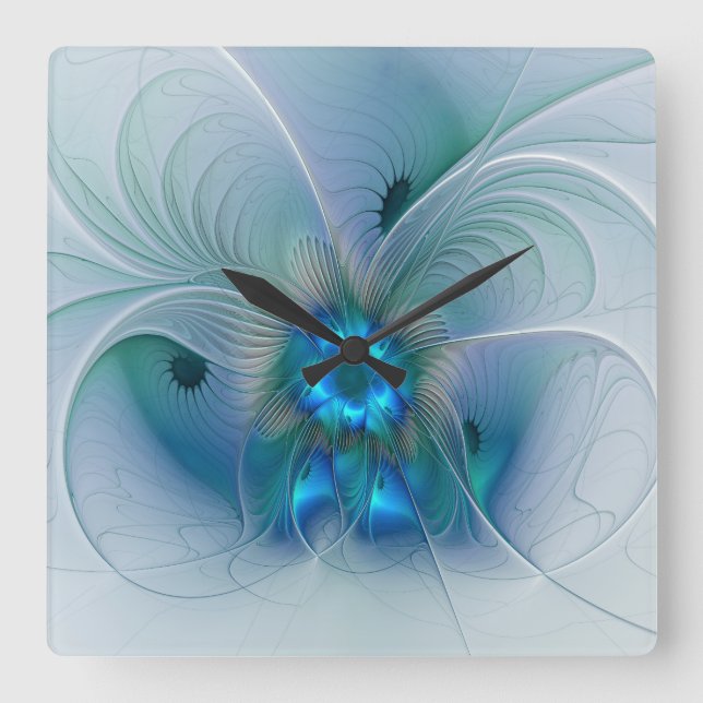 Standing Ovations, Abstract Blue Turquoise Fractal Square Wall Clock (Front)