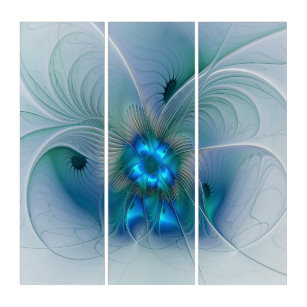 Standing Ovations, Abstract Blue Turquoise Fractal Triptych