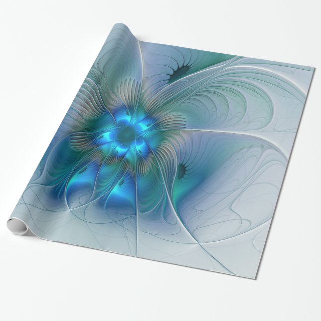 Standing Ovations, Abstract Blue Turquoise Fractal Wrapping Paper (Unrolled)