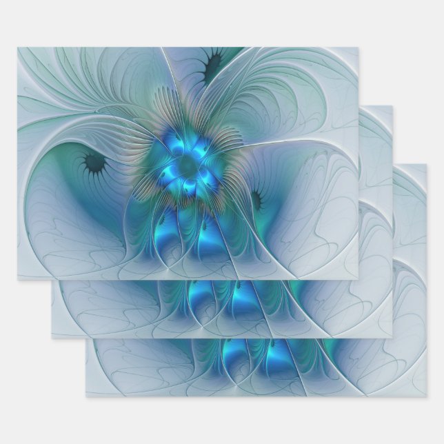 Standing Ovations, Abstract Blue Turquoise Fractal Wrapping Paper Sheet (Set)