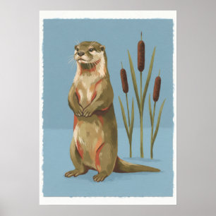 Standing River Otter and Cattails Folk Art Poster