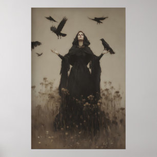 Standing Woman in Black Surrounded by Crows Gothic Poster