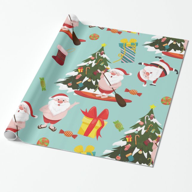 standup paddleboarding surfing santa christmas wrapping paper (Unrolled)