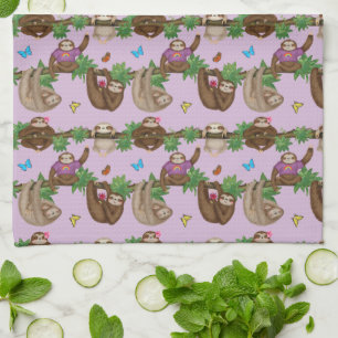 Stanley Sloth & friends purple tea towel