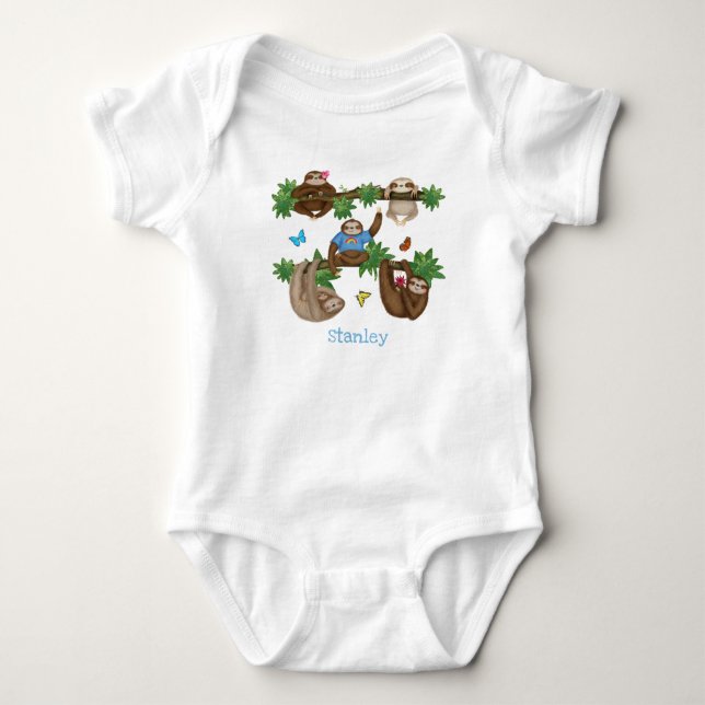 Stanley Sloth personalised blue baby bodysuit (Front)