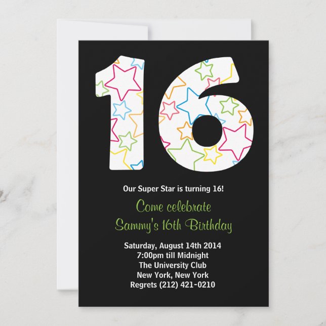 Star 16th Birthday Party Invitation (Front)