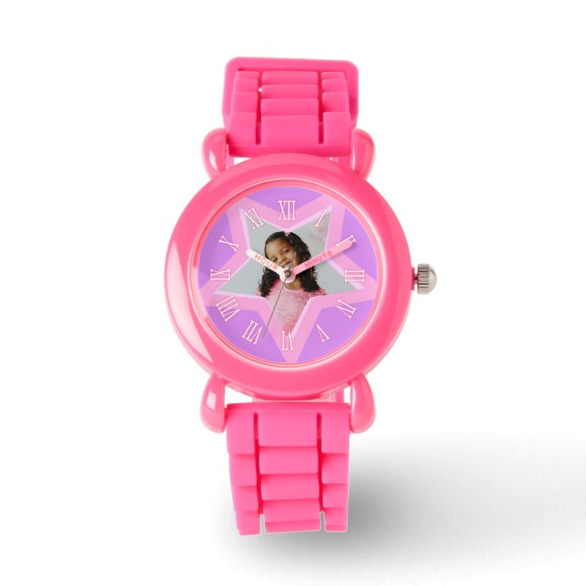 Star add your own photo pink wrist watch (Front)