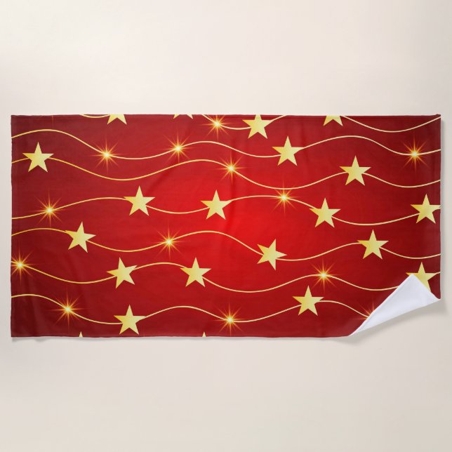 Star Adorned Ruby Red Pattern  Beach Towel (Front)