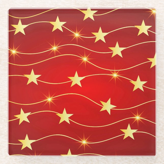 Star Adorned Ruby Red Pattern  Glass Coaster (Front)